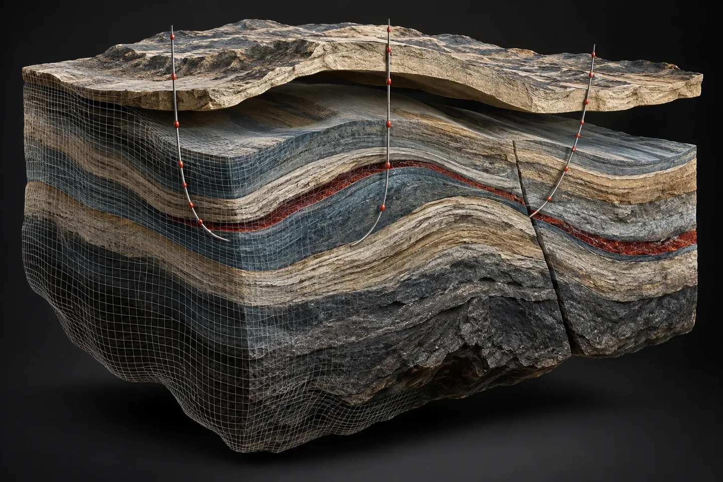 Modelo geológico conceptual con estratos, falla, malla y trayectorias de pozos